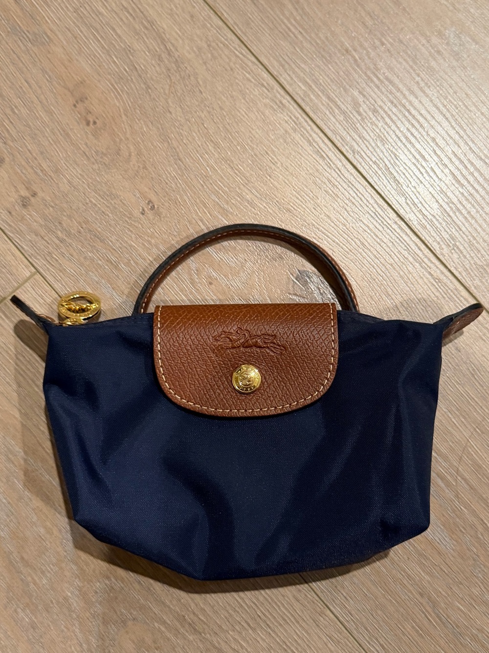Longchamp Mini Le Pliage Top-Handle Bag in Navy and Brown